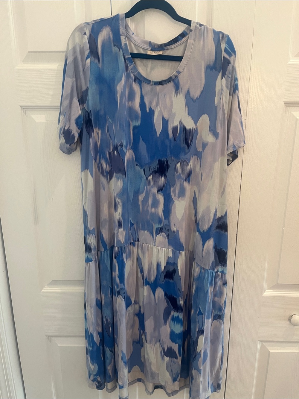 LOGO by Lori Goldstein Blue and Gray Abstract Midi Dress